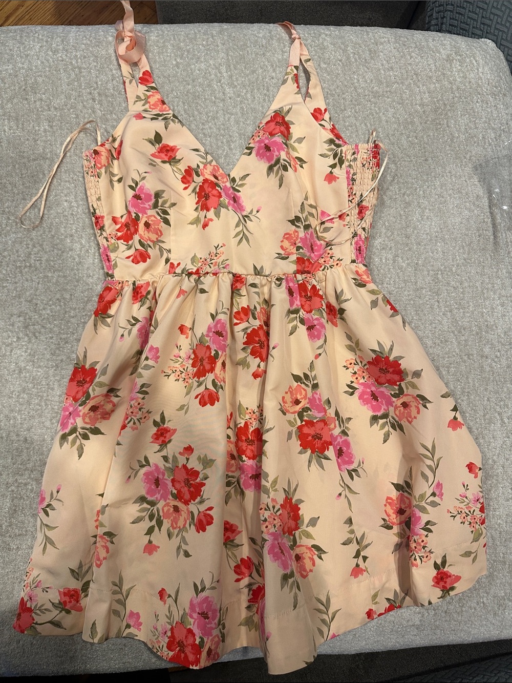 Old Navy Beige Mini Dress with Red & Pink Floral Print